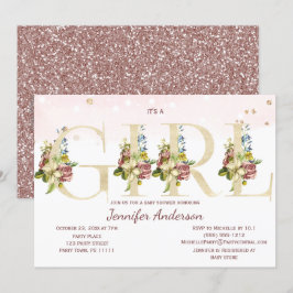 Convite Chá de Rosa de Aquarela Dourada de Glitter Baby Gi