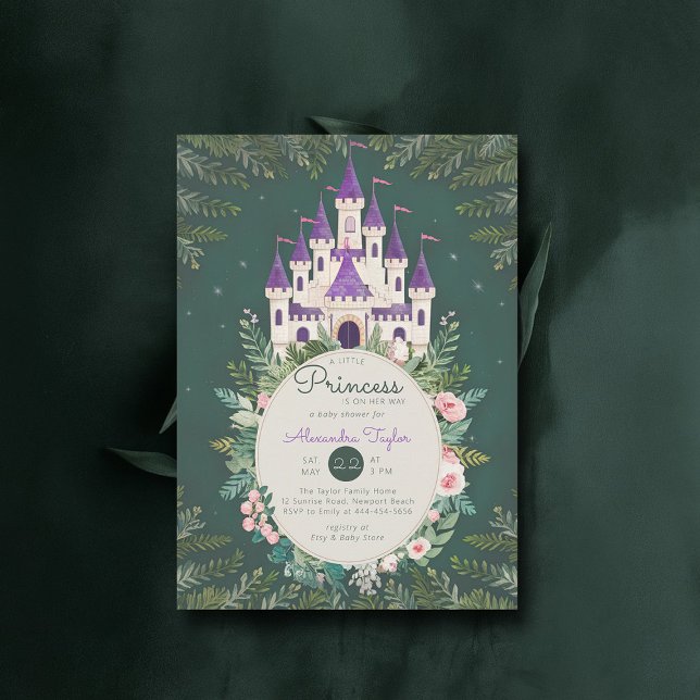 Convite Chá de Rosas de Bebê da Princesa Encantada (princess girl baby shower invitation enchanted forest magical castle roses greenery frame)