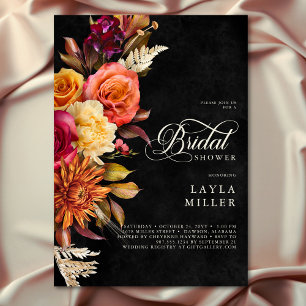 Convite Chá de Script Floral de Boho Preto Elegante