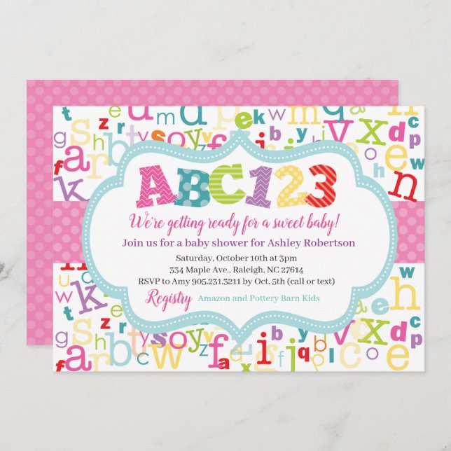 Convite Chá do bebé do alfabeto (Frente/Verso)