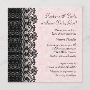 Convite Chá do bebé do preto do rosa do laço das pérolas