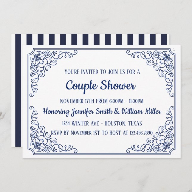 Convite Chá do Casal de trama flexível azul Elegante (Frente/Verso)