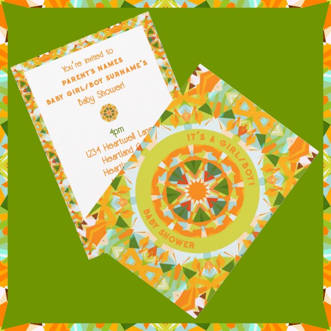 Convite Chá do Menino Verde Laranja Brilhante (Bright Orange & Green Gender Neutral Baby Shower Invitations. Front and Back View.)