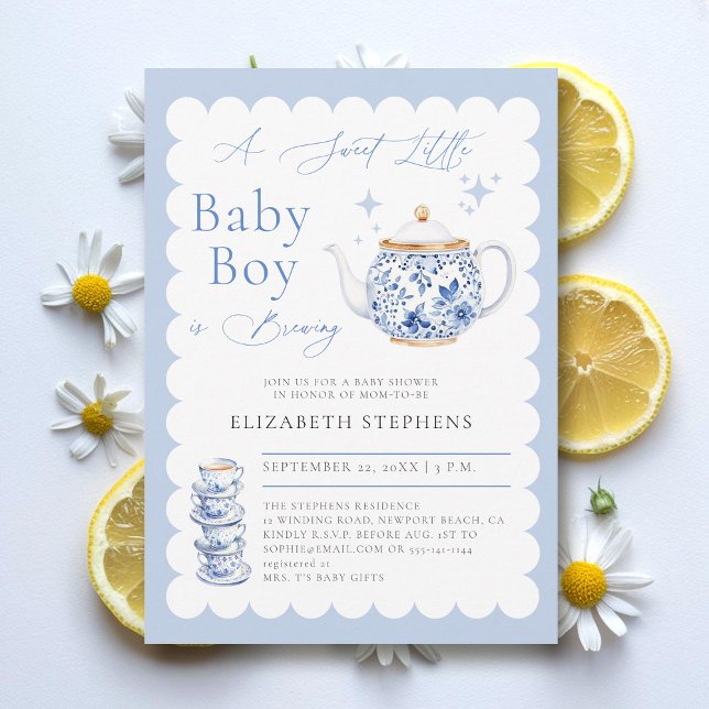 Convite Chá do Tea Party Elegante Modern Sweet Boy (boy baby tea party shower invitation elegant frame modern calligraphy sweet watercolor)