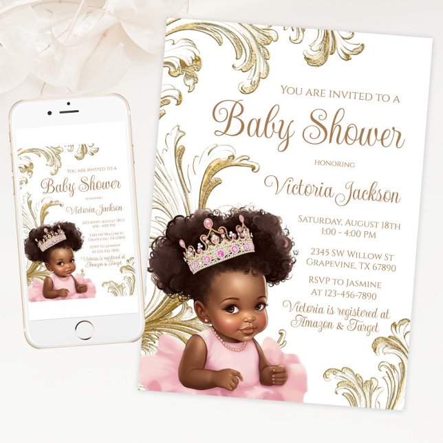 Convite Chá Dourado de Menina Negra Rosa (Pink gold African princess baby shower invitation. Available for instant download and print.)