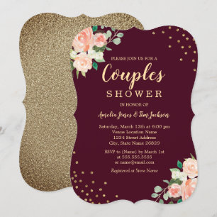 Convite Chá Dourado Floral Confetti Burgundy
