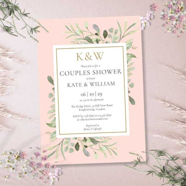 Convite Chá Dourado Monograma Verde Casais Rosa Espelhos (Gold Monogram Greenery Blush Pink Couples Shower Invitation)