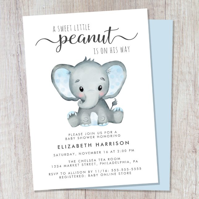 Convite Chá Elefante Blue Watercolor Baby Boy (Cute sweet little peanut baby boy shower invitation)