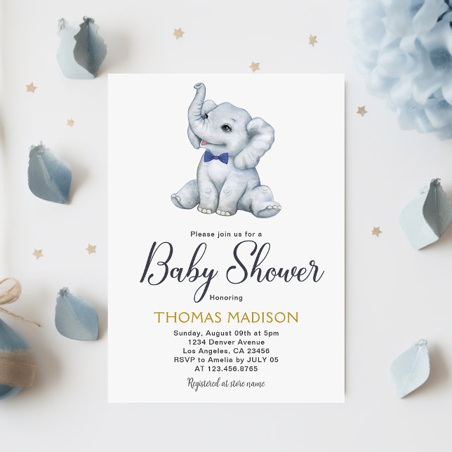 Convite Chá Elefante Cinza Azul (Blue Gray Elephant Baby Boy Shower Invitation
)