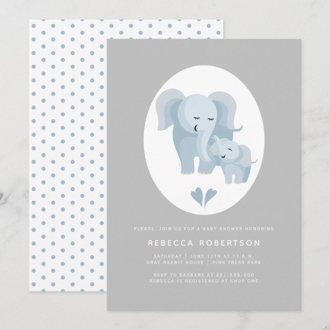 Convite Chá elefante de cinza azul e bebê (Frente/Verso)