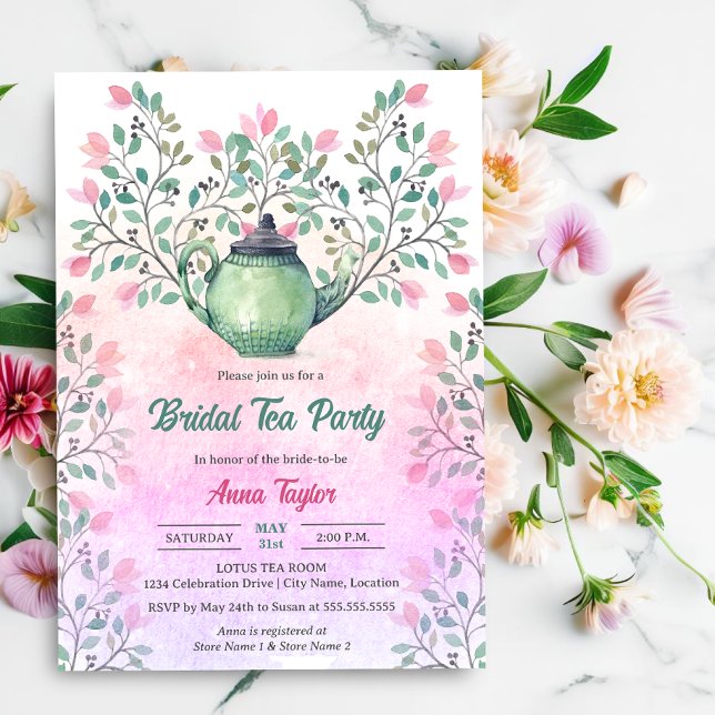 Convite Chá Elegante da Chaleira de Chá Floral (Elegant tea party invite with  teapot and floral design elements front view.)