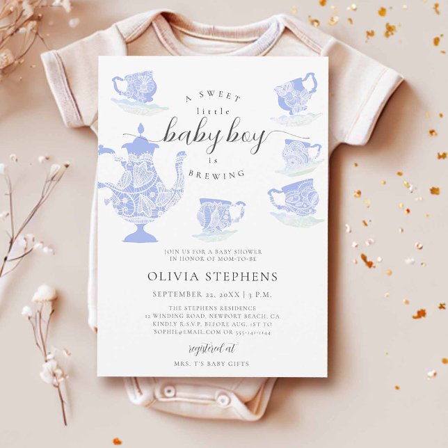 Convite Chá Elegante de Boho Lace Set Baby Boy (baby brewing tea party invitation boy blue lace tea set elegant modern boho chic cute watercolor)