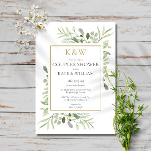 Convite Chá Elegante de Casais Monogramas Greenery Dourad