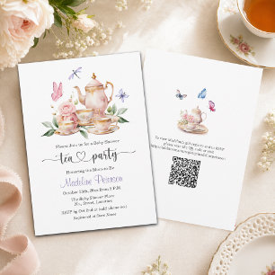 Convite Chá Elegante Festa QR Code Borboleta Baby Shower