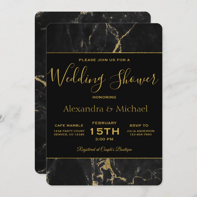 Convite Chá Elegante preto e Dourado mármore (Frente/Verso)
