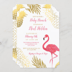 Convite Chá Flamingo e Pineapple Baby Brunch Dourado