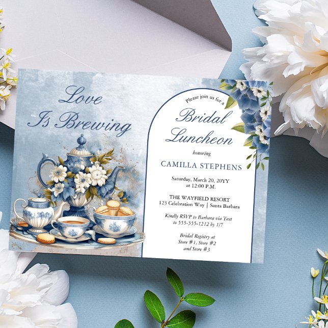Convite Chá Floral Azul Elegante Set Bridal Luncheon Tea (Elegant Blue Floral Teacup Bridal Shower Tea Landscape Invitation)