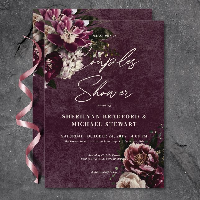 Convite Chá Floral Branco da Borgonha Escura Elegante (Dark Elegant Burgundy White Floral Couples Shower Invitation)