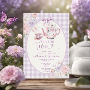Convite Chá Floral de Gingham Roxo Para Duas Pessoas no 2º