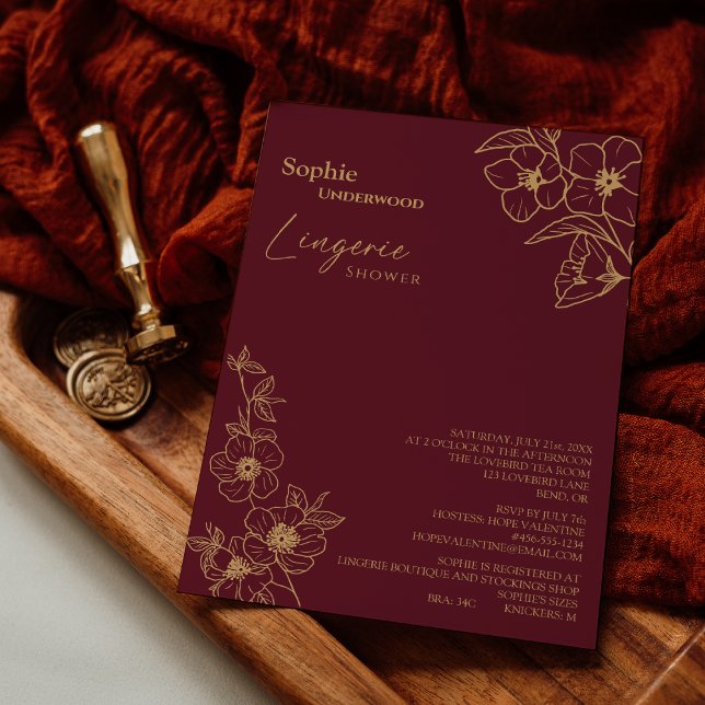 Convite Chá Floral de Lingerie Floral Dourada e Burgundy (Criador carregado)