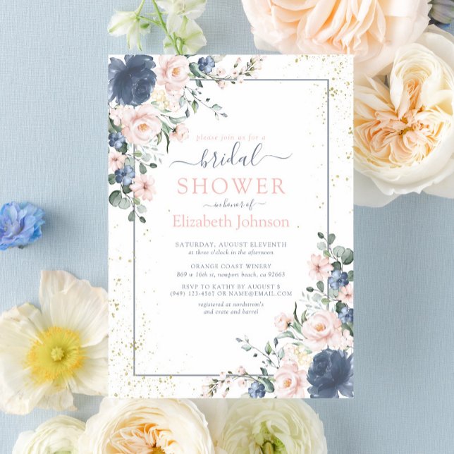 Convite Chá Floral Dourado Rosa Rosa Azul-Dusta Claro Azul (Blush Blooms Await You: Join Us for a Bridal Shower to Remember)