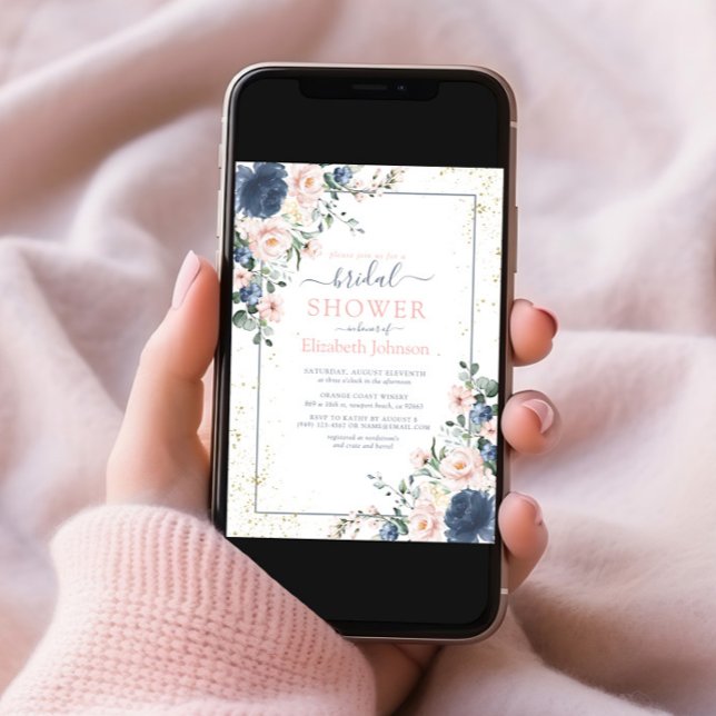 Convite Chá Floral Dourado Rosa Rosa Azul-Dusta Claro Azul (Criador carregado)