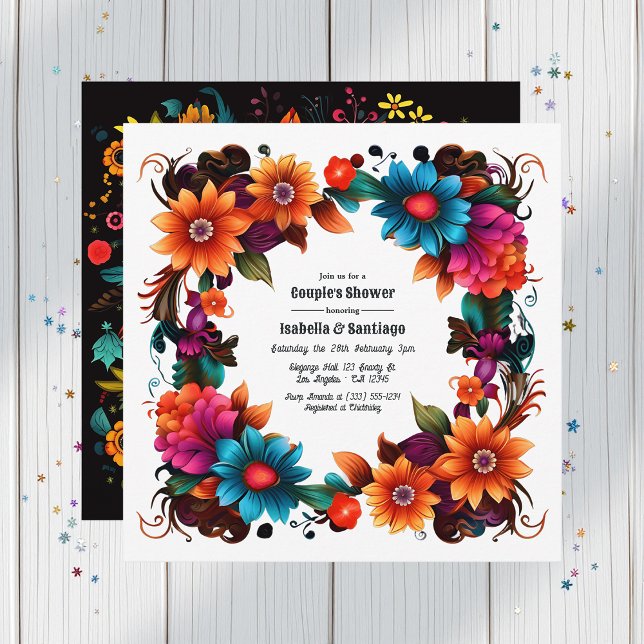 Convite Chá Floral Fiesta Mexicano Bold (Bold Mexican Fiesta Floral Couple's Shower Invitation)