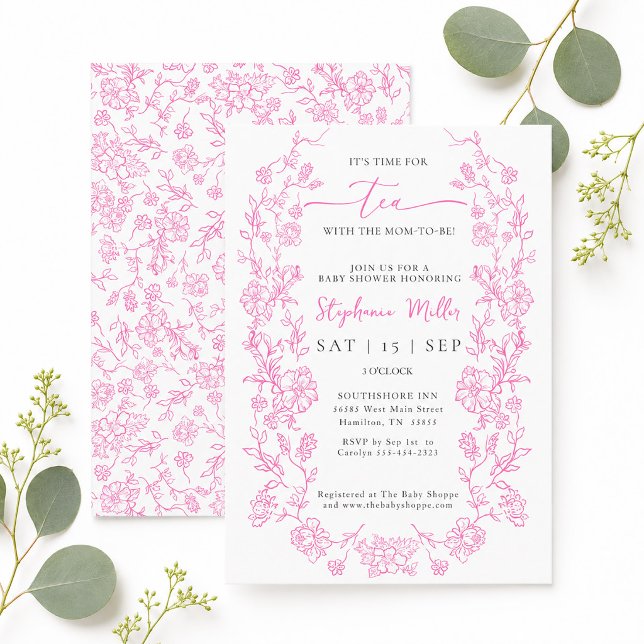 Convite Chá Floral Rosa com o Chá de Bebê para a Futura Ma (Pink Floral Tea with the Mom-to-be Baby Shower Invitation)