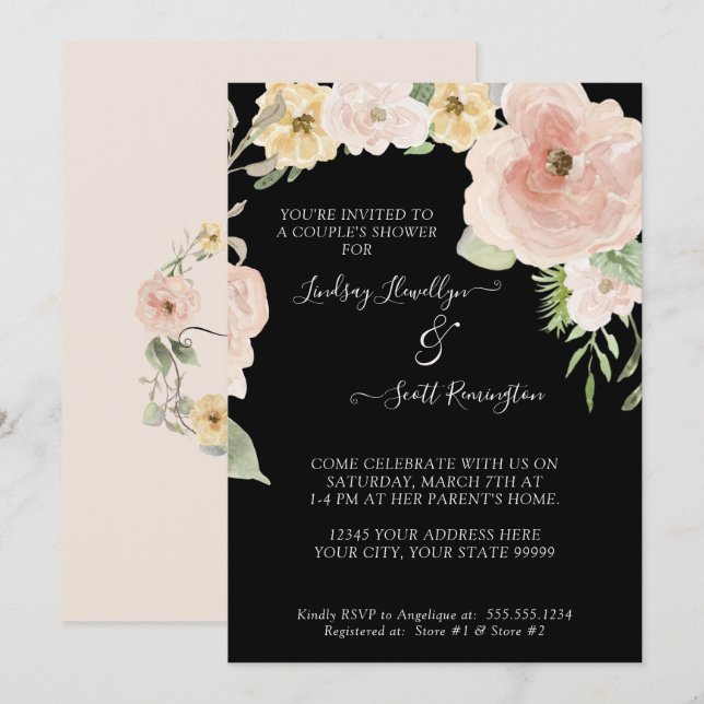 Convite Chá Floral Rosa, cor-de-água amarela cor-de-rosa,  (Frente/Verso)