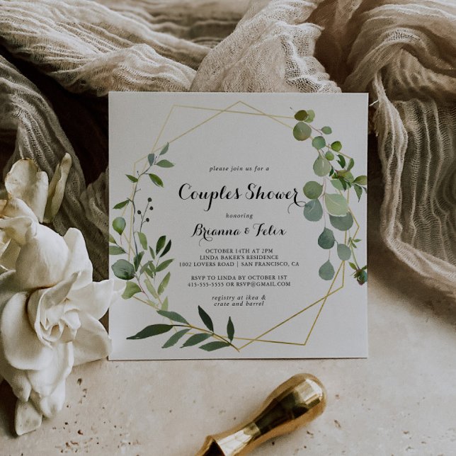 Convite Chá geométrico Dourado de Casais Verdes Tropicais (Criador carregado)