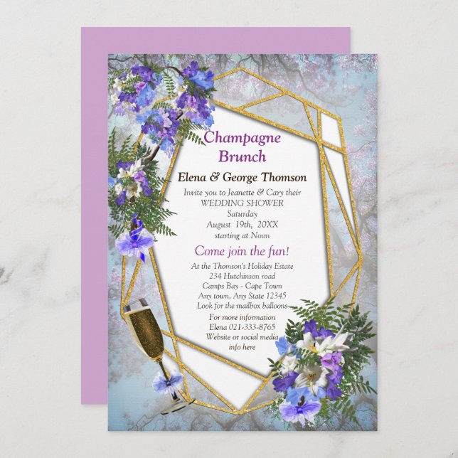 Convite Chá geométrico Dourado e das Flores de Jacaranda (Frente/Verso)