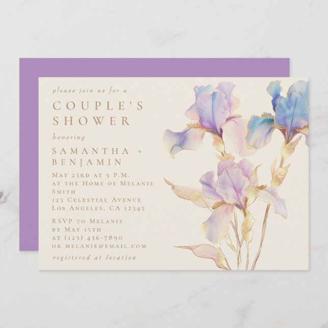 Convite Chá Iris Floral de Casal de Aquarela Elegante (Frente/Verso)