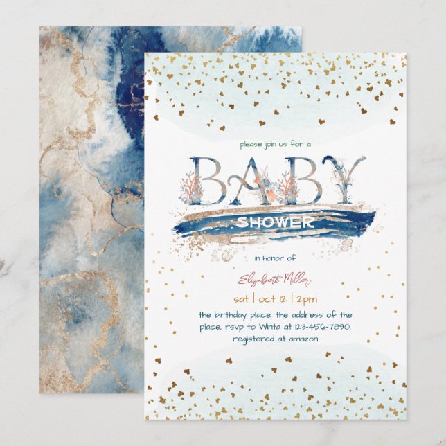 Convite Chá marinho Azul Dourado Glitter Baby Boy (Frente/Verso)