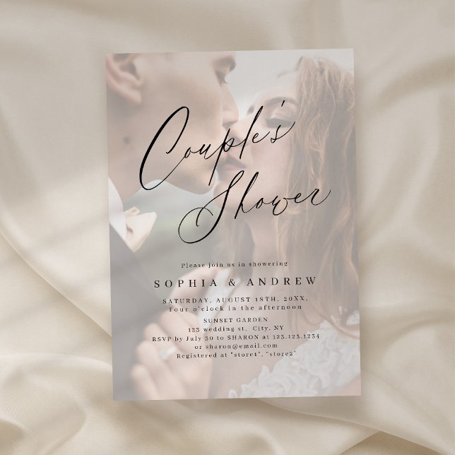 Convite Chá mínimo de casais de fotos com script moderno e (Elegant modern script minimal photo couples shower invitation)