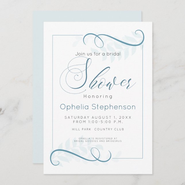 Convite Chá Modern Foliage Smokey Blue (Frente/Verso)