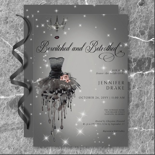 Convite Chá Negro brilhante de Halloween com borboletas e  (Bewitched & Betrothed Halloween Glam Black Shower Invitation)
