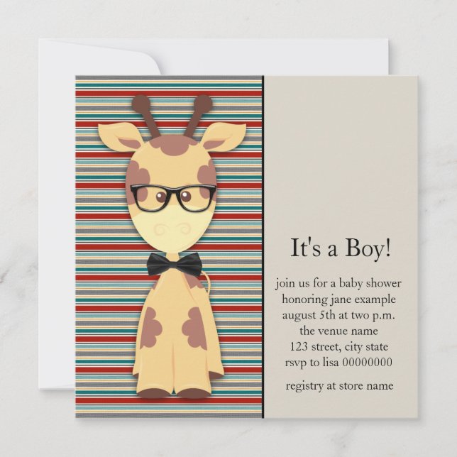 Convite Chá Nerdy Geek Giraffe Baby Boy (Frente)