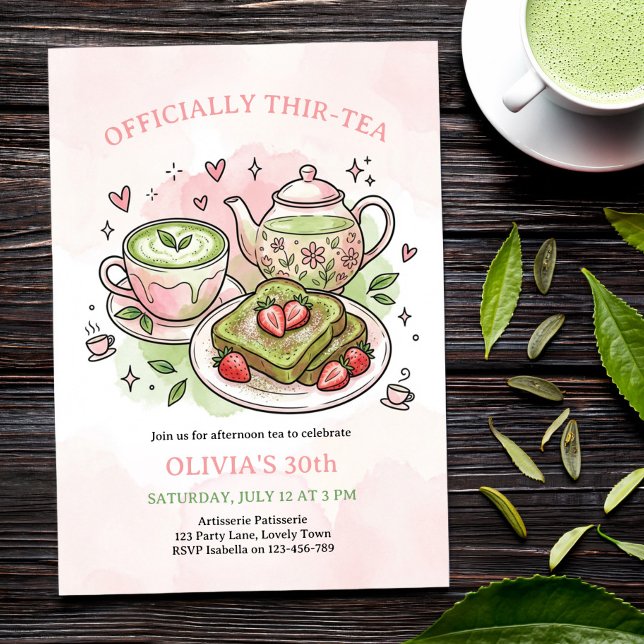 Convite Chá Oficial do Brunch de Aniversário do Thir-tea M (Matcha Tea Party Invite - for brunch or afternoon tea - easy to edit for any milestone, ie twen-tea)