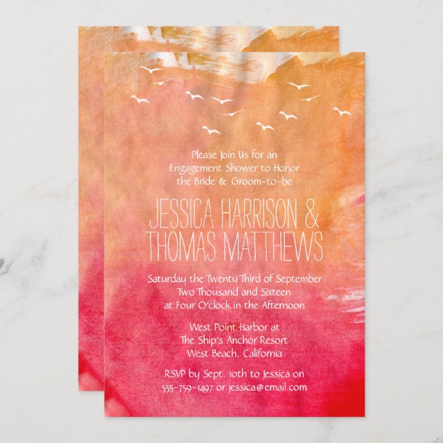 Convite Chá Ou Parte De Noivado De Praia Sunset Por Aquare (Frente/Verso)