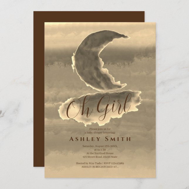 Convite Chá Ouro Crescsent Baby Girl (Frente/Verso)