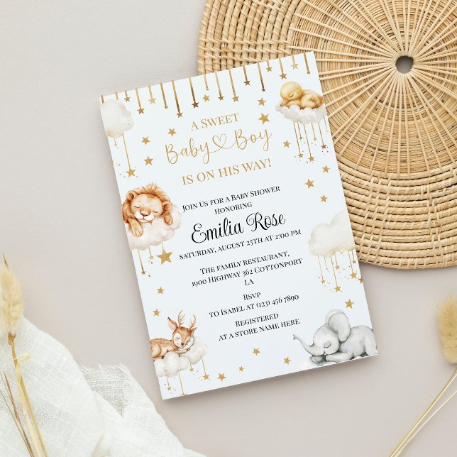 Convite Chá ouro Star Baby Boy  com Floresta Dormindo Anim (Criador carregado)