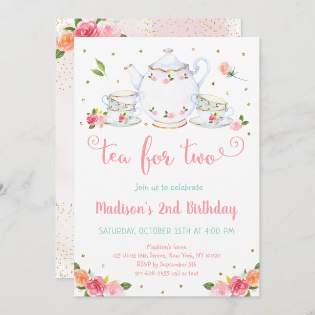 Convite Chá Para Dois Noivados De Festa De Chá Floral Dour (Frente/Verso)