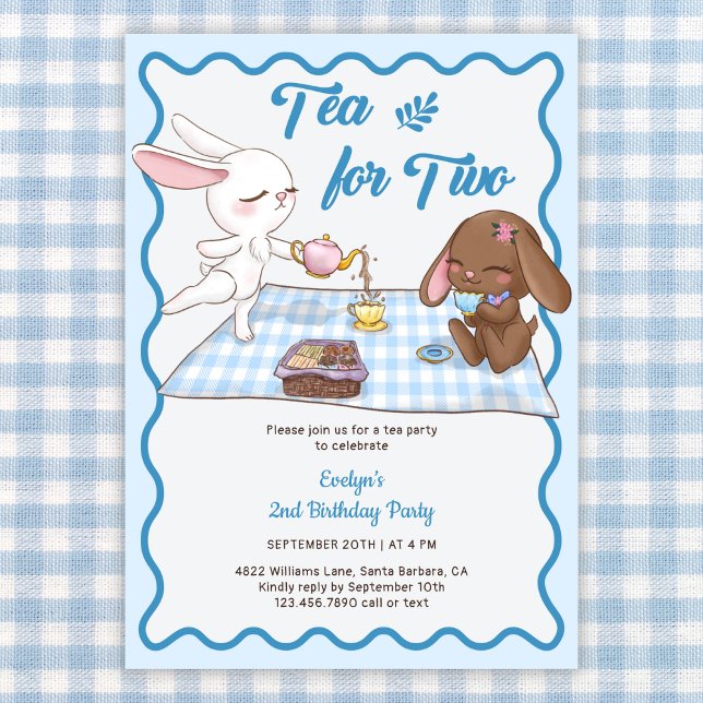 Convite Chá para segundo aniversário de Festa de Chá Anima (Tea Party 2nd Birthday Invitation Cute Bunny Picnic Theme for Toddler Girl)