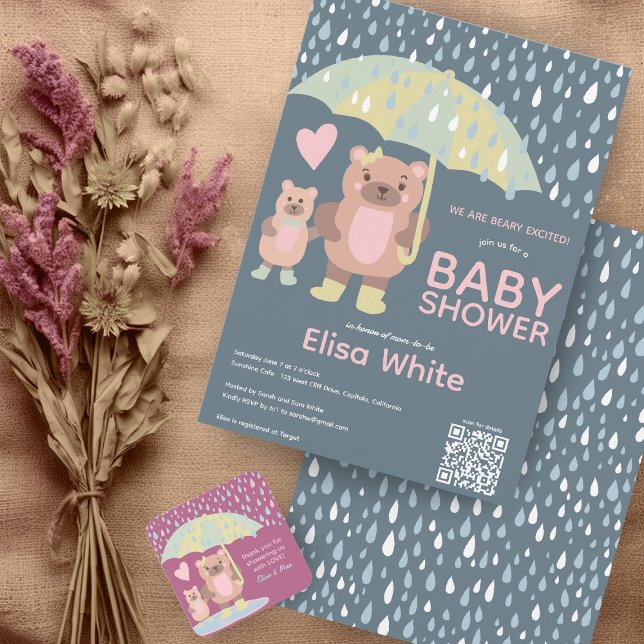 Convite Chá personalizado do CÓDIGO QR do Raindrops Mama & (Raindrops Mama & Baby Bear QR CODE Custom baby Shower  Sprinkle Invitation)