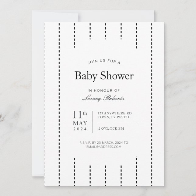 Convite Chá Pinstripe vertical preto-e-branco (Frente)