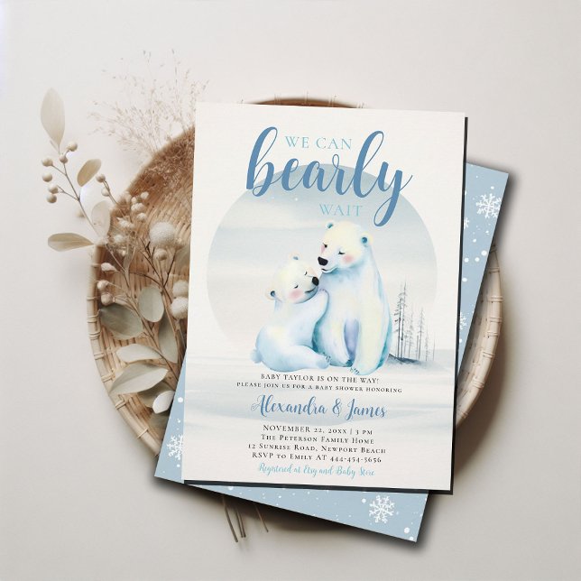 Convite Chá Polar Bear Cub (we can bearly wait baby boy shower invitation winter polar mama bear cub cute sweet animal blue ice)