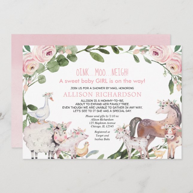 Convite Chá por correio Fazenda Barnyard animais bebê (Frente/Verso)
