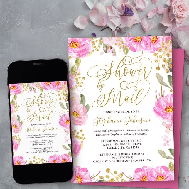 Convite Chá por Mail Calliographic rosa e Dourado Floral (Order professionally printed or as a diy printable invitation digital download)