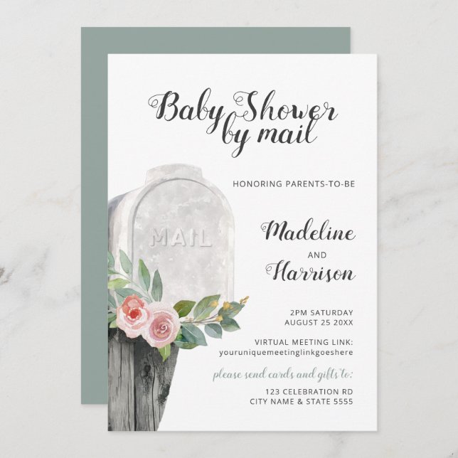 Convite Chá por Mail Floral Verde Longa Distância Virtual (Frente/Verso)