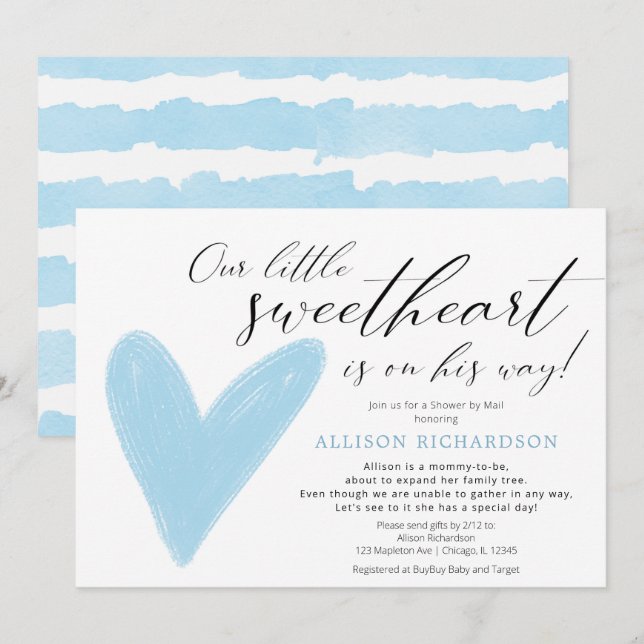 Convite Chá por Mail Modern Namorados azul branco (Frente/Verso)